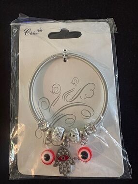 Silver-Tone Hamsa Bracelet with Red Eye Charms
